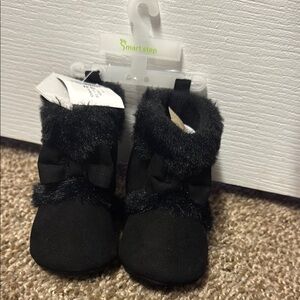 Black Baby Booties with Faux Fur Trim